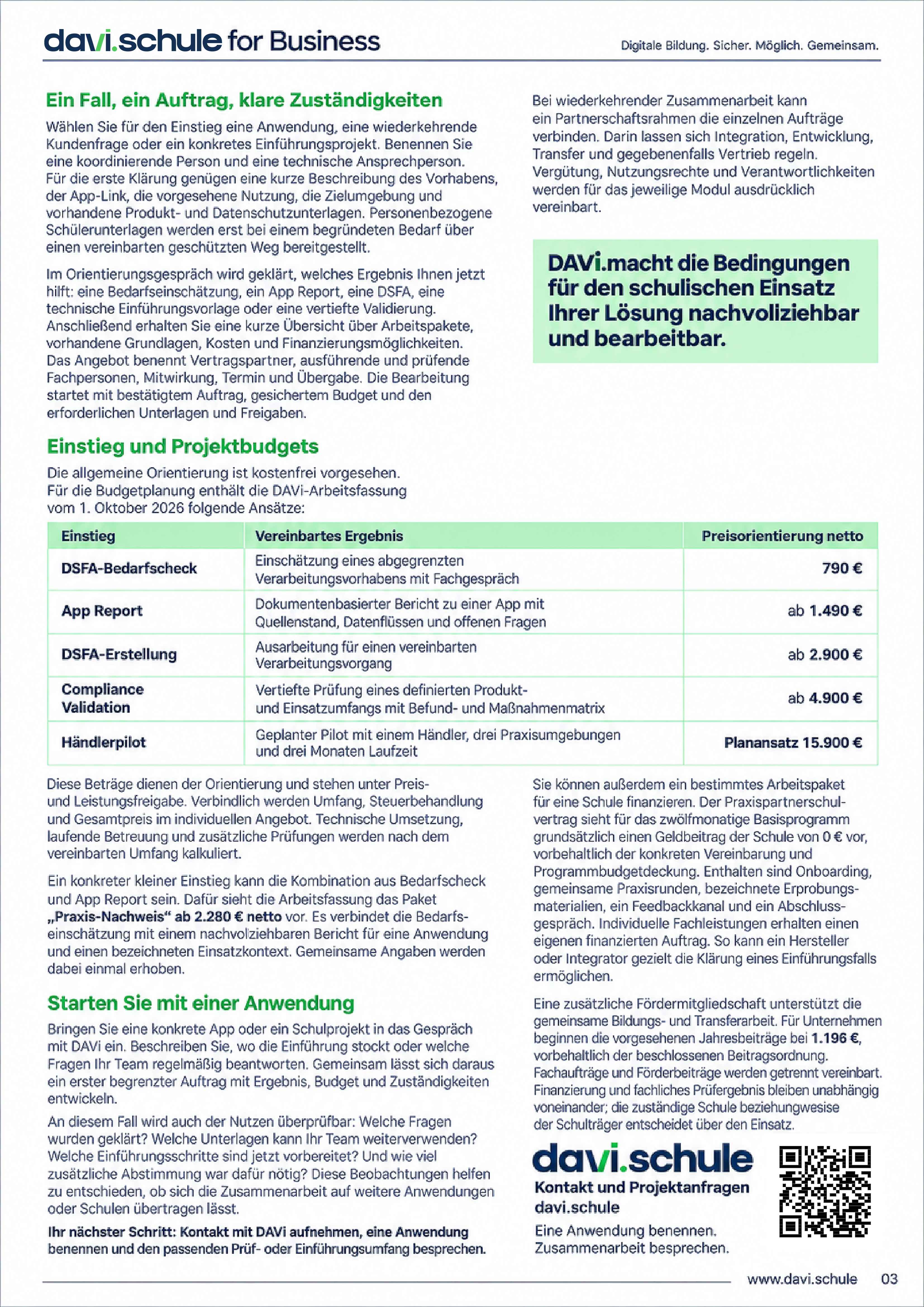 davi.schule for Business, Seite 3: Ein Fall, ein Auftrag, klare Zuständigkeiten. Einstieg und Projektbudgets vom DSFA-Bedarfscheck bis zum Händlerpilot, Paket Praxis-Nachweis und Kontakt für Projektanfragen.